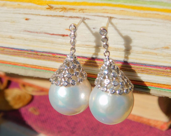 12.5mm Freshwater Pearl Earrings | Sterling Silver | AAA | White | Round | CZ | Silvery White | Big White Earrings | Chinese Freshwater