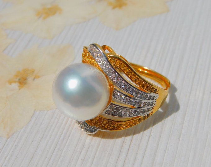 12.6mm White South Sea Pearl Two-tone Silver Ring | AAA | Round | Silvery White | Adjustable  | Australian Pearl | CZ