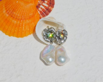 Large Baroque Pearl Silver Rose Earrings | Bold Design | Large Pearl | Sterling Silver | Fireball Pearls | White | Statement Earrings