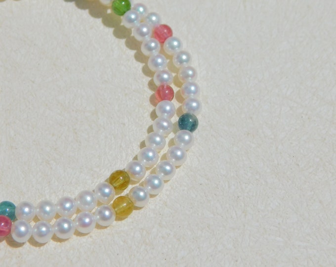 4mm Freshwater Pearls & Rainbow Tourmaline Necklace | Pearl and Gemstone | Solid 18kt Gold | AAA | Au750 | 15.5 Inches | Choker | Layering