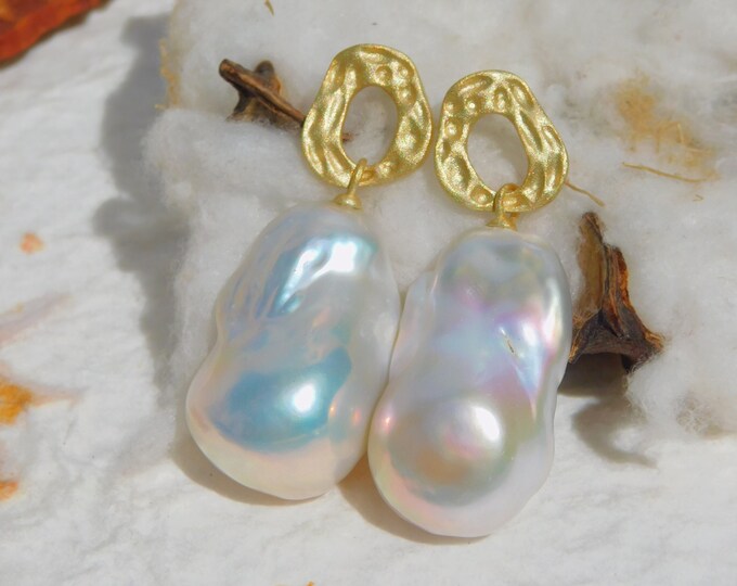 Vermeil Large Baroque Pearl Earrings | AAA | Freshwater Pearls | 16 x 26x 15mm | Gold over Silver | Matte Finish | Fireballs | Metallic