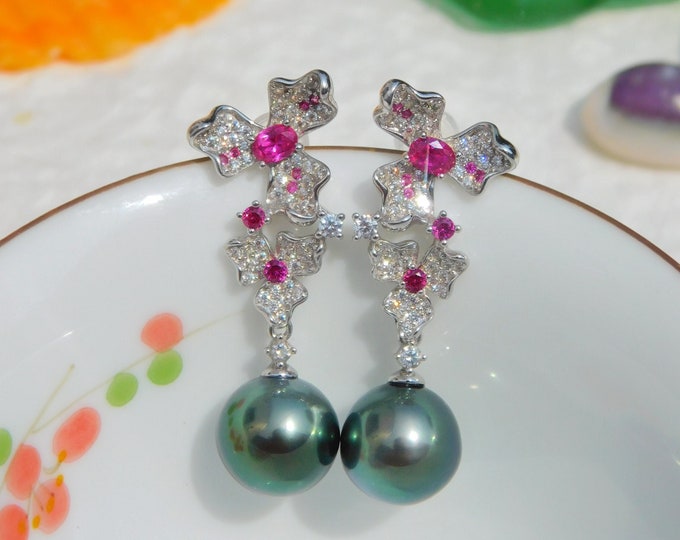 Fuchsia Cluster Flower Tahitian Pearl Earrings | Long Earrings | AAA+ | 10.6mm | Gem Green | White Gold Plated | Silver | CZ | South Sea