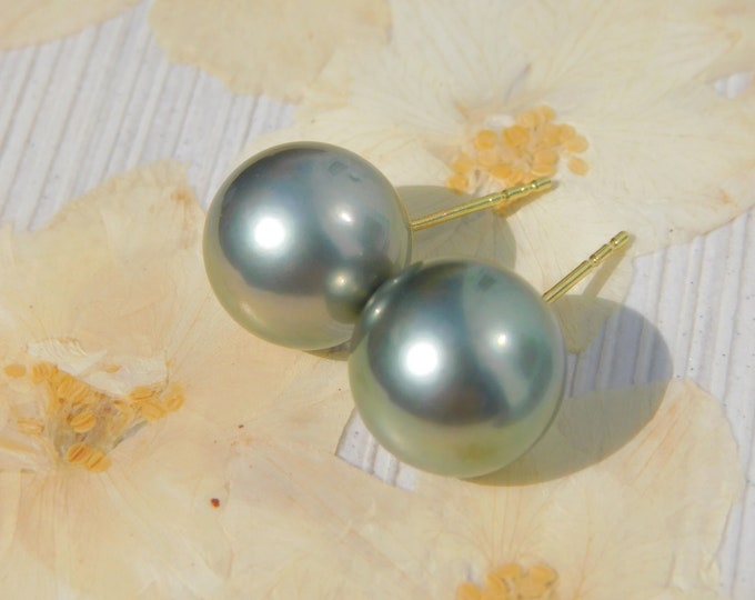Light to Medium Tone Grey Tahitian Pearl Studs | AAA | 10.9mm | Round | Solid 14K Gold Studs | South Sea Pearl | Black Pearl Studs