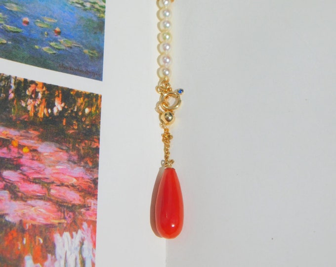 Tiny Akoya Pearls and Red Coral Y & Lariat Necklace | 4mm Japanese Saltwater | Adjustable | Solid 18kt Yellow Gold | Dainty | 19.5 Inches