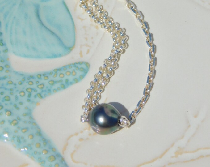 12mm Black Green Tahitan Silver Chain Bracelet | AAA | 2.5-3mm Link Chain | Layering Bracelet | Fit 6.5 to 7" Wrist | Stacking Bracklet