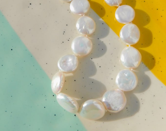 Coin Pearls Gold Filled Rolo Chain Necklace | Silvery White | Adjustable length | AAA | Baroque Pearl Necklace