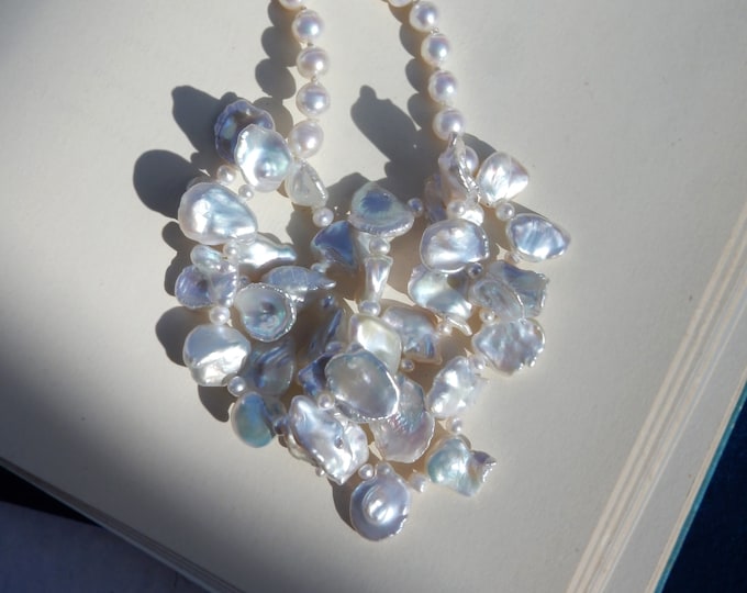 SALE |  Freshwater Keshi Pearl Necklace | Petal Pearl | Baroque | Silvery White | Bib Necklace | 19 Inches | Ready to Ship