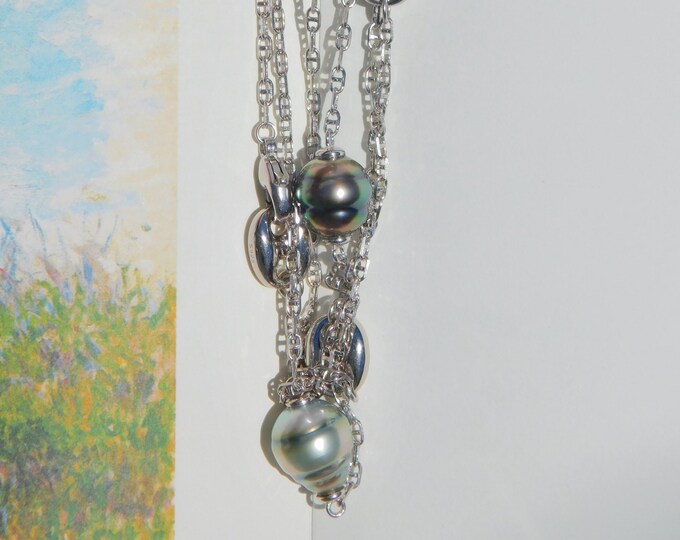 Dainty Mariner Chain with Circled Tahitian Pearl Necklace | White Gold Plated | Sterling Silver | Puffed mariner Chain | Saltwater Pearls |