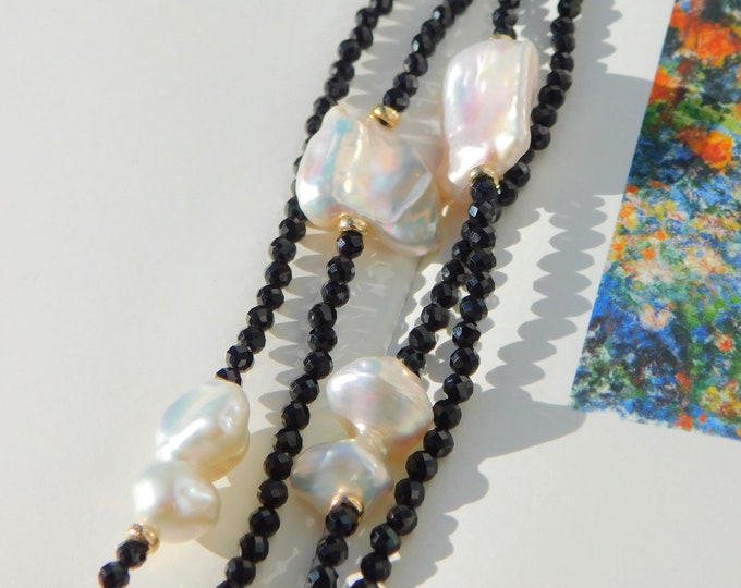 Multi-strand Black Spinel and Baroque Pearl Necklace | Two Layers |  Slivery White Freshwater Pearls | AAA | Gemstone and Pearl |  26 Inches