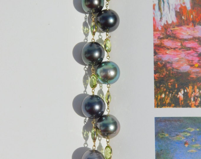 Solid 14kt Yellow Gold Tahitian Pearl Tin Cup Necklace | Olivine and Tahitian Pearl Necklace | Peridot | Gemstone and Pearls | Adjustable