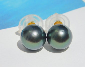 Dark Blue Green Tahitian Pearl Studs | AAA | 11.2mm | Round | Solid 18K Gold Studs | South Sea Pearl | Black Pearl Studs | Large Studs
