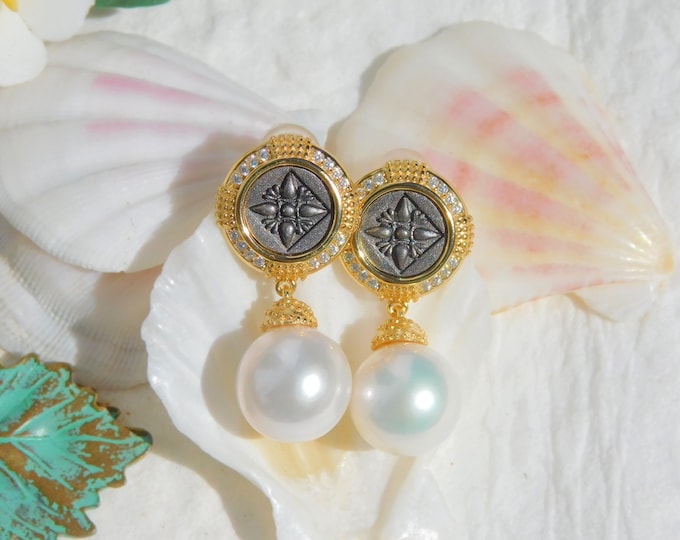 Vermeil Coin White Pearl Earrings | Freshwater Pearl Earrings | AAA | 11.8mm | Antique Coin Replica | Edison Pearl | Antique coin replica