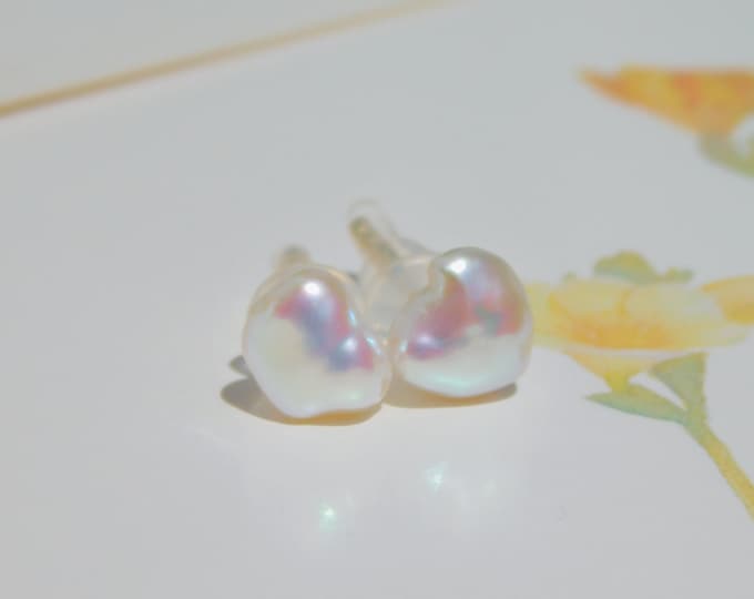 Ultimate Freshwater Keshi Pearl Studs | Solid 18k Gold Studs | Metallic White | 7 *7mm | Free formed Pearl Studs | Small Pearl Studs