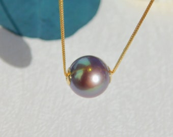 10.6mm Deep Plum Floating Pearl Necklace | Freshwater Pearl | AAA+ | Dainty | Solid 18kt Yellow Gold Pin-end Chain | Deep Purple