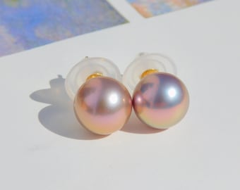 Pastel Pink Pistachio Pearl Studs | 11mm | Near Round | Solid 18kt Yellow Gold Posts | Pearl Studs | Edison Pearls | Large Pearl Studs