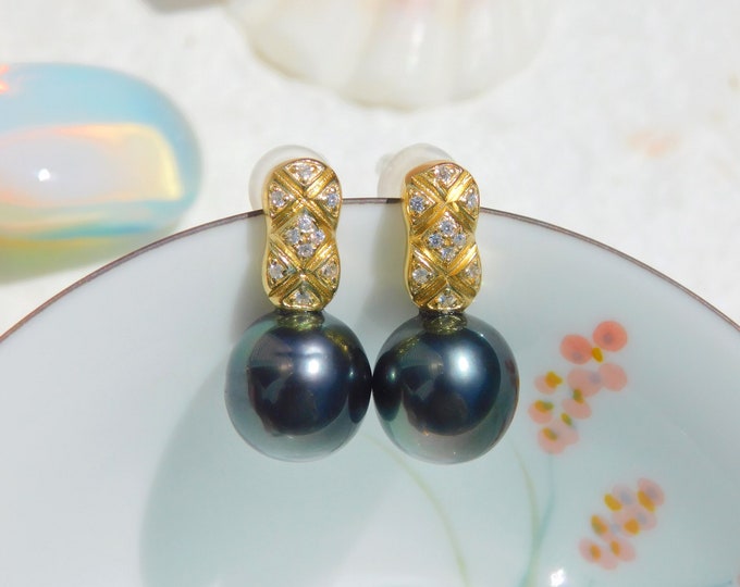 Green Black Tahitian Pearl Earrings | AAA | Gold Plated Sterling | South Sea Saltwater Pearls | 10mm | Near Round