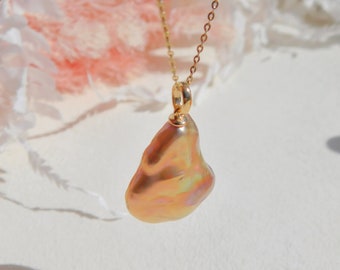 Ultimate Luster | Baroque Pearl Pendant | Pink Golden Pistachio | AAA+ | Metallic | Solid 18K Gold Bail | Freshwater Pearl | Large Pearl