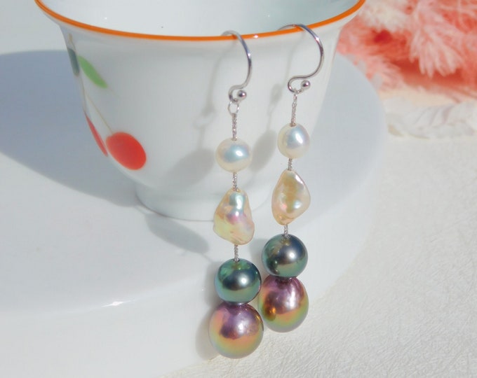 Long Drop Earrings | Freshwater Keshi | Tahitian Pearls | Solid 18k White Gold | AAA+ | Vivid Green | Mauve Pink Pistachio | Metallic