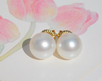 14mm White South Sea Pearl Studs  | AAA |  Round | Solid 14K Yellow Gold Studs Large Backs | Big South Sea Pearl Gold Studs | White Pearl