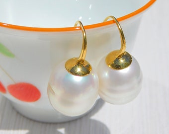 12.9mm Semi-Baroque White South Sea Pearl Earrings | Solid 9K Yellow Gold | Australian White Pearls | Large Saltwater Pearl Earrings