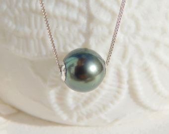 AAA Floating Tahitian Pearl Necklace | 10mm | Blue Green | Single Pearl | Dainty | Adjustable Solid 18K White Gold Braided Chain | Green