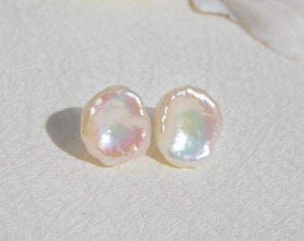 14mm Freshwater Keshi Pearl Studs | Solid 18k Gold Studs | Rainbow White | 14 *12mm | Free formed Pearl Studs | Big Keshi Pearl