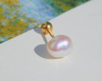 Single ONE Ultimate Freshwater Keshi Pearl Stud | Second Pireceing | Solid 18k Gold Screw Back | White with Pink | 7*8mm | Free formed Pearl