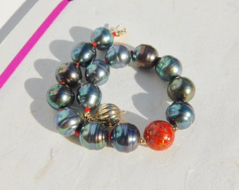 Multi-color Circled Tahitian Pearl Bracelet | Red Lacquer Bead | 9.6-10.5mm | 6.5-6.75 inches Wrist | Saltwater Pearl Bracelet | Black Pearl