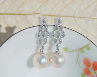 Cluster Freshwater Pearl Earrings | Diamond Shape  | White Gold plated Sterling | AAA | 10.6mm | Drop Earrings | Freshwater Pearl | Round