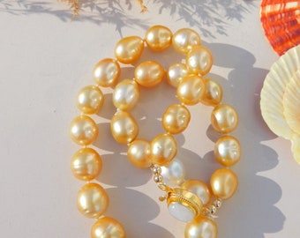 Golden South Sea Pearl Necklace | 12-14.6mm | Deep tone Gold/Golden | Moonstone Vermeil Clasp | 18.5 Inches | Saltwater Pearl Necklace