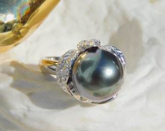 11.4mm Texture Leaf Tahitian Pearl Ring | AAA | White Gold plated Sterling | Near Round | Deep Eggplant | 7.25 US Ring Size