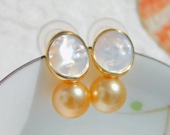 Vermeil Mother of Pearl Golden South Sea Earrings | 9.2mm | Golden Pearls | Round | AAA | South Sea Pearl Earrings | Drop Earrings