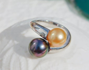 Double South Sea Pearl Silver Ring | Open Ring | 9.4mm vs. 10.2mm | White Gold over Silver | AAA | Golden South Sea | Peacock Tahitian Pearl