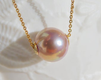 11mm Golden Blush Floating Pearl Necklace | Metallic | AAA+ | Dainty | Solid 18kt Yellow Gold Pin-end Chain | Freshwater Pearl
