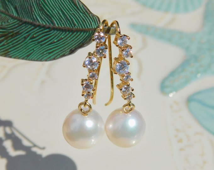 Cluster Vermeil White Freshwater Pearl Earrings | AAA | 10.7mm | Gold Plated over Silver | Round | Edison Pearl | Long Drop Earrings | CZ