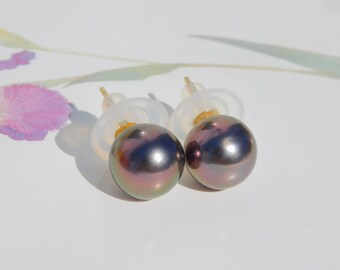 10.2mm Tahitian Pearl Studs | Aubergine Peacock | AAA | Near Round | Solid 18K Gold Studs | South Sea Pearl | Tahitian Pearl Studs