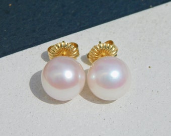 13.2mm White Freshwater Pearl Studs | Pearl Studs | Solid 14kt Yellow Gold Large Backs | AAA | Round | Edison Pearl | Pearl Studs