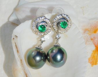 Cluster Peacock Green Tahitian Pearl Earrings | AAA | 9.9mm | White Gold Plated | Sterling Silver | Green CZ | South Sea Pearl Earrings
