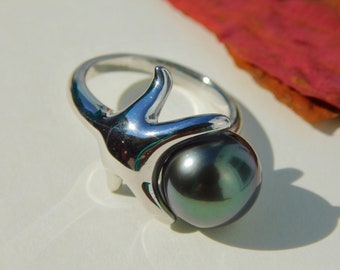 Sterling Silver Starfish Tahitian Pearl Ring | Adjustable | Open Ring | 11.3mm | Ultimate Aubergine | Sea Animal