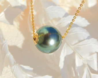 AAA Floating Tahitian Pearl Necklace | 10.9mm | Deep Blue Green | Dainty | Adjustable Solid 18K Yellow Gold Cable Chain | Black Pearl