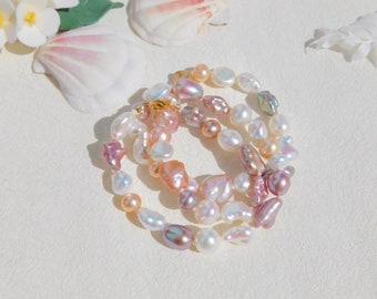 Multi color Freshwater Keshi Pearl Necklace | 16 Inches | AAA+ | Solid 18kt Clasp | Free Formed Pearls | Pink | Mauve | White