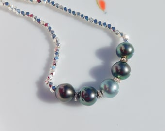 Five Tahitan Pearl Necklace | 10.8-11.3mm | Adjustable | AA+ | Silver Polygons Necklace | Multi-color Pearl | South Sea Pearls | Adjustable