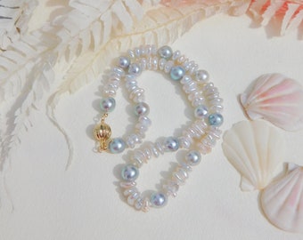 15 Inches Akoya with Freshwater Keshi Pearl Necklace | Pastel Blue | White | AAA | 8-10mm | Choker Necklace | Belly Drilled | 9kt Gold