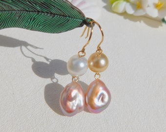 Mismatched Pearl Earrings | Unmateched South Sea Pearls | Freshwater Keshi | Solid 18k Yellow Gold | AAA | Saltwater Pearls