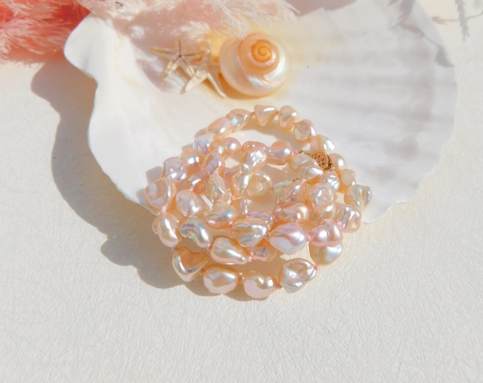 Baby Pink Freshwater Keshi Pearl Necklace |  AAA | 6 * 8mm | Solid 14kt Clasp | Free Formed Pearls | 18 Inches | Pink | Metallic | Baroque