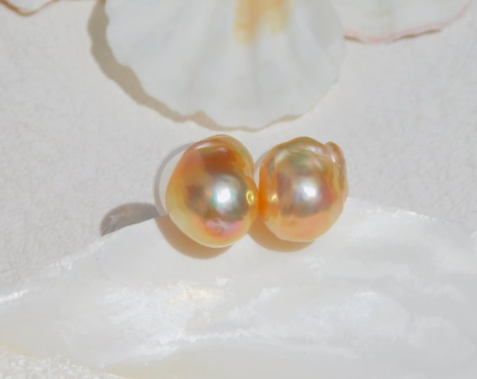 Super Metallic Freshwater Pearl Studs | Baroque Pearls | Golden Peach | Solid 18k Gold Studs | Metallic Luster | Ultimate | Orange | Coral