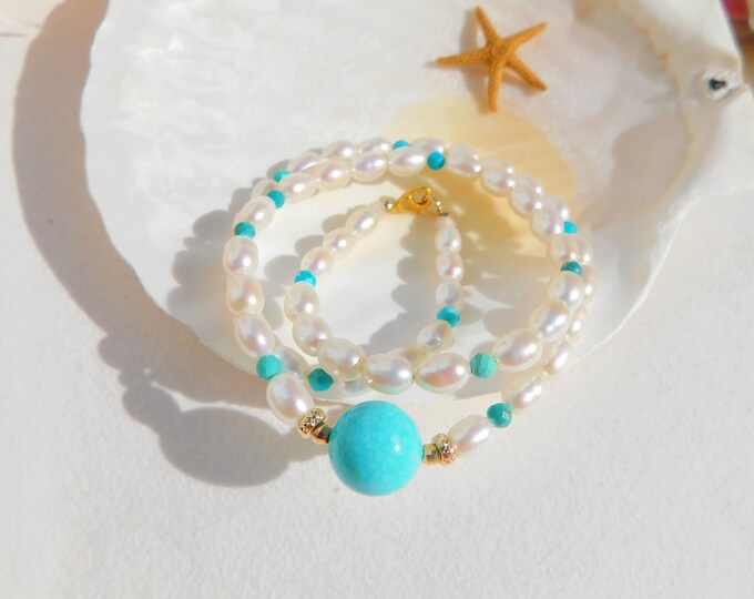 Freshwater Pearl and Turquoise Necklace | 17.75 Inches | AAA | Blue | White | Round | Natural Turquoise | Solid 18kt/14kt Gold
