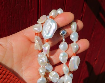 Large Baroque Pearl Necklace with Natural Red Agate | Bold Necklace | Chinese Freshwater Keshi | White Pearl Necklace | 19.5 Inches