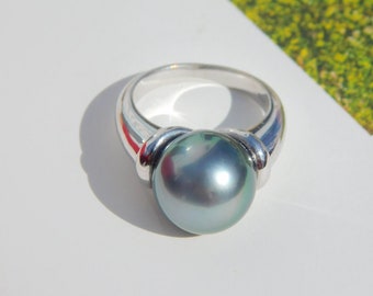 AAA 12.5mm Tahitian Pearl Sterling Silver Ring | Medium Silver Blue Green | Round | Unisex | Size 6.75 US | South Sea Pearl Ring | Gray