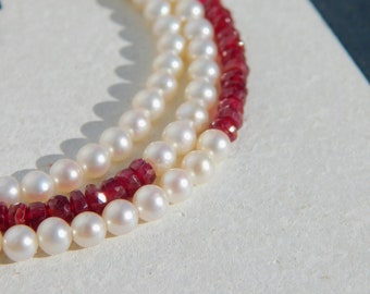 Petite Freshwater Pearl and Ruby Necklace | AAA | 3-3.5mm | Adjustable Solid Gold Extender | White | Red | Pearl and Gemstone | Layering